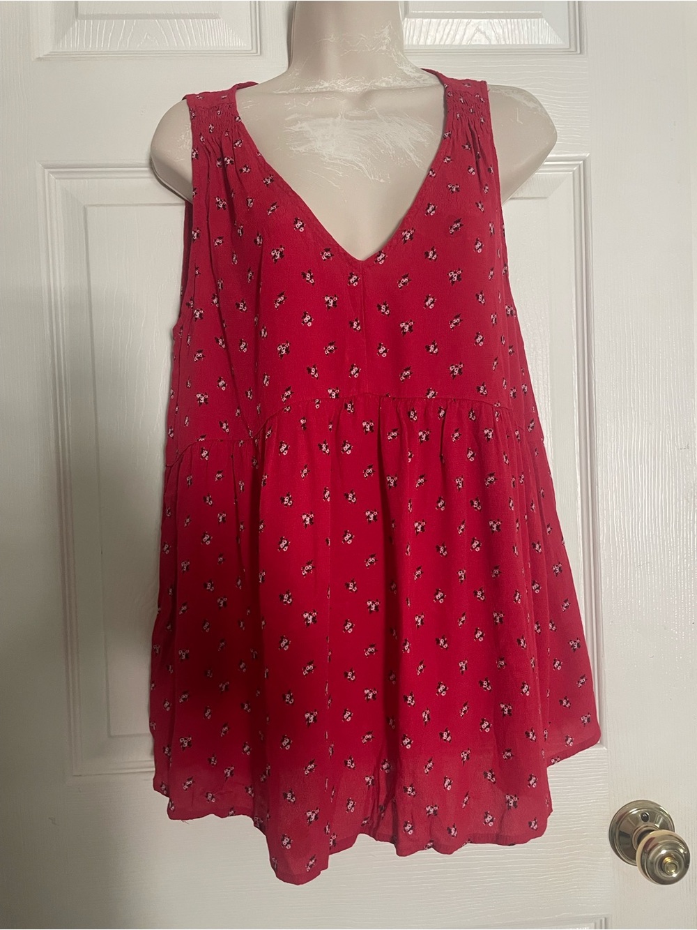 The Nines by HATCH Bright Red Floral V-Neck Swing Tank